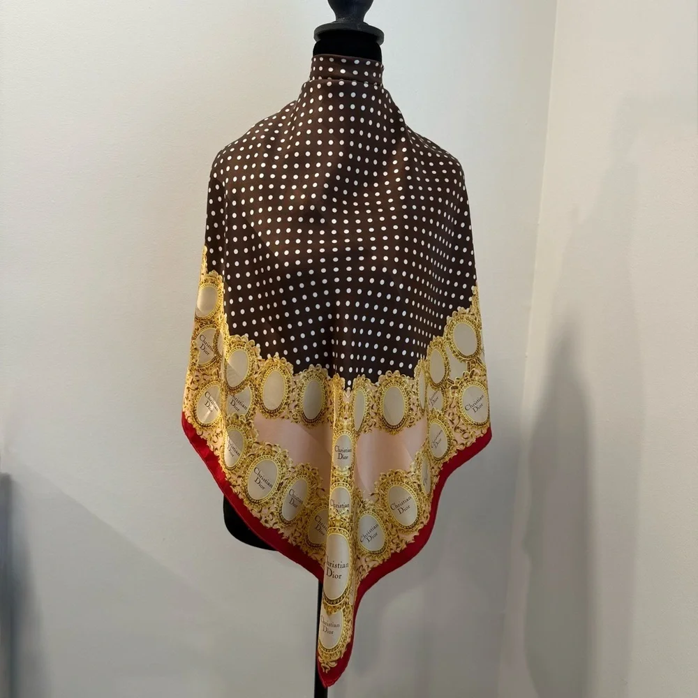 Authentic Christian Dior Brown and Gold Scarf with Red Trim